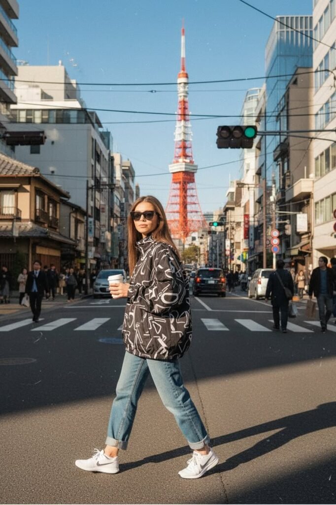 Black and White Graphic Windbreaker + Light Wash Cuffed Jeans + White Sneakers