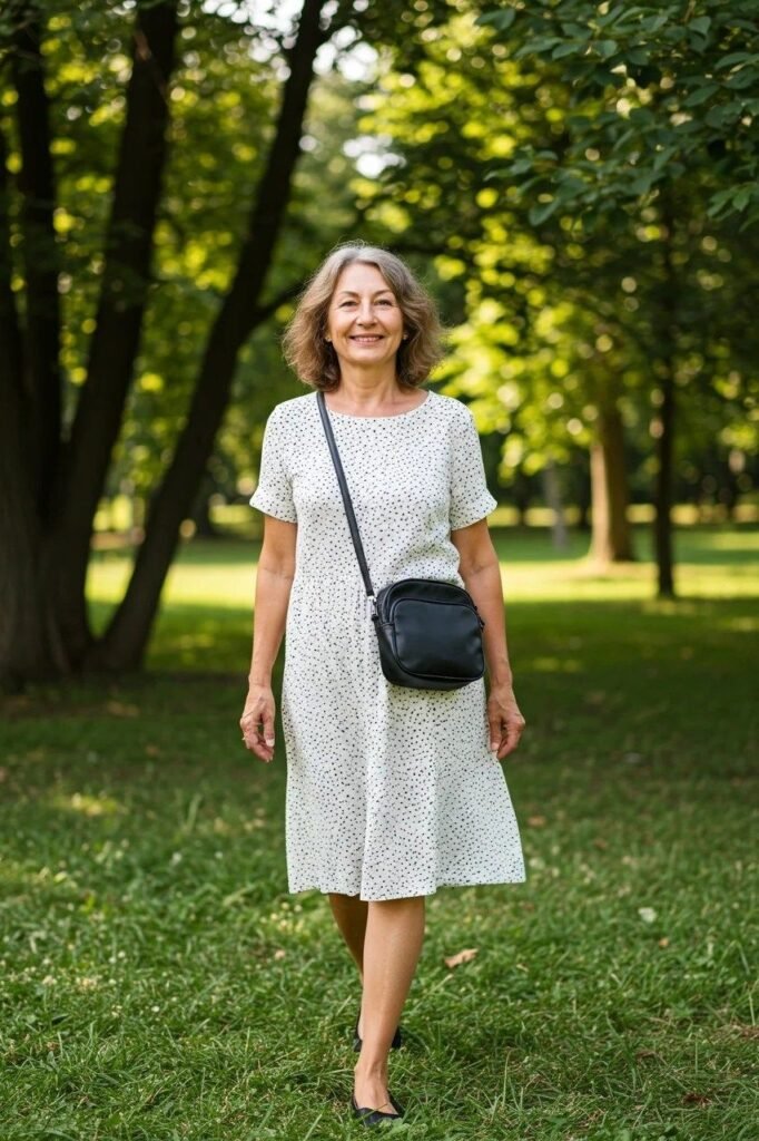 Black and White Polka Dot Midi Dress + Black Crossbody Bag + Black Ballet Flats