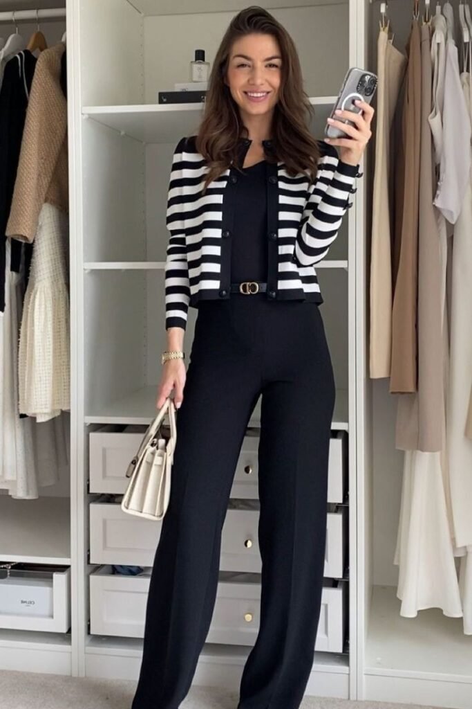 Black and White Striped Cardigan + Black Bodysuit + Black Wide Leg Trousers + Beige Heels