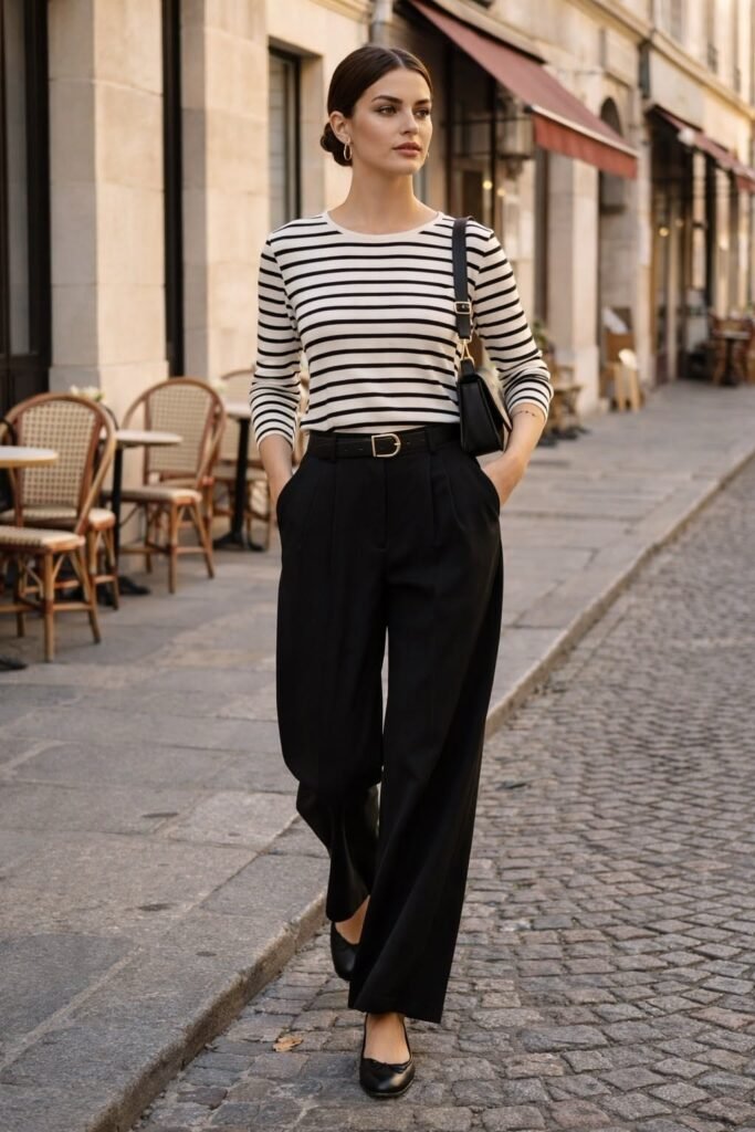 Black and White Striped Long Sleeve Top + Black Wide Leg Pleated Trousers + Black Ballet Flats