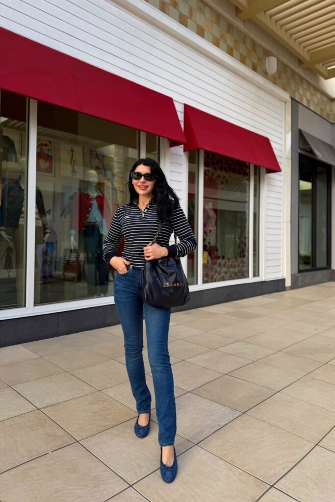 Black and White Striped Polo Sweater + Dark Blue Skinny Jeans + Denim Ballet Flats