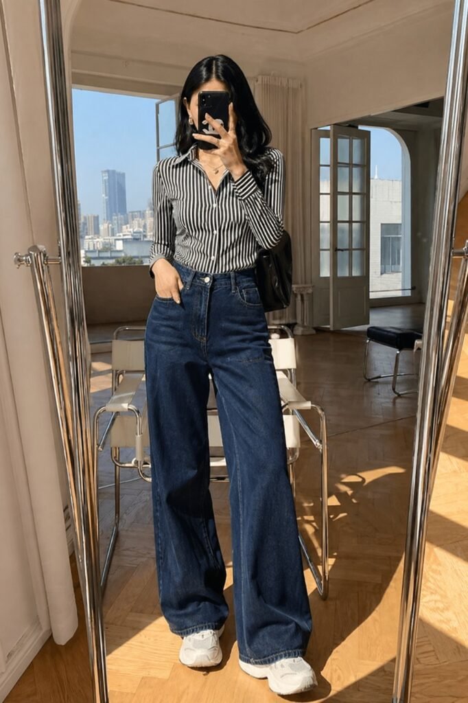 Black and White Striped Shirt + Dark Blue Wide Leg Jeans + White Sneakers