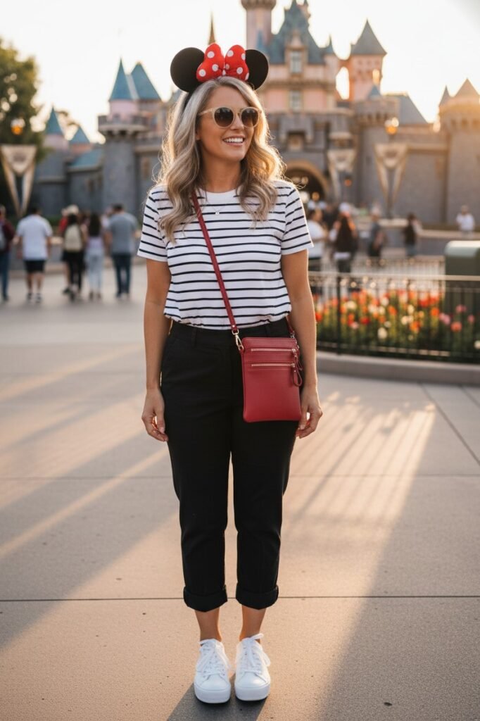 Black and White Striped T Shirt + Black Cropped Trousers + White Platform Sneakers