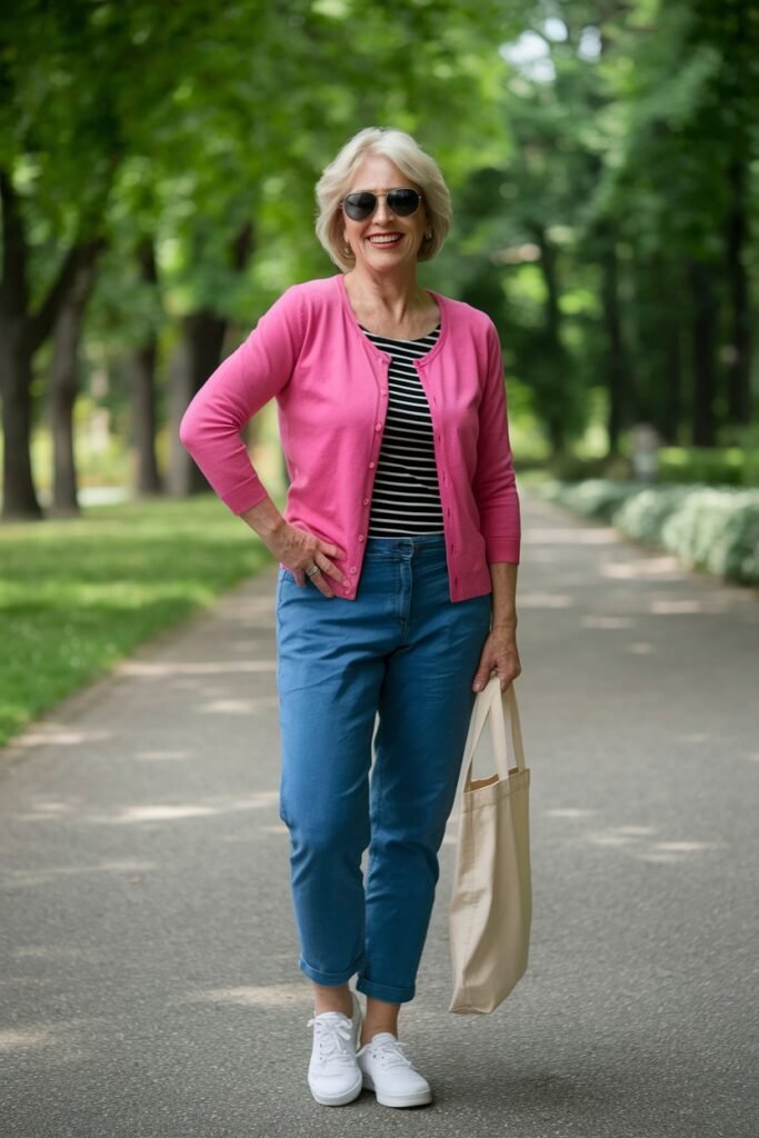 Black and White Striped Top + Pink Buttoned Cardigan + Bright Blue Straight Leg Pants + White Sneakers