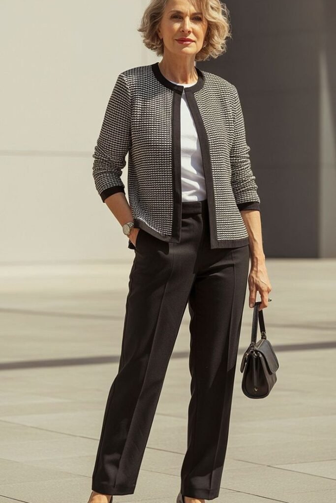 Black and White Textured Collarless Cardigan + White Top + Black Straight Leg Trousers + Black Handbag