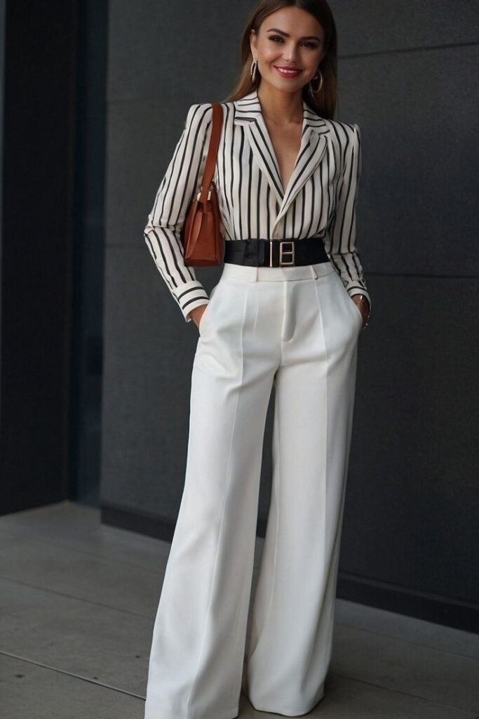 Black and White Vertical Striped Blouse + White Wide Leg Trousers + Wide Black Belt