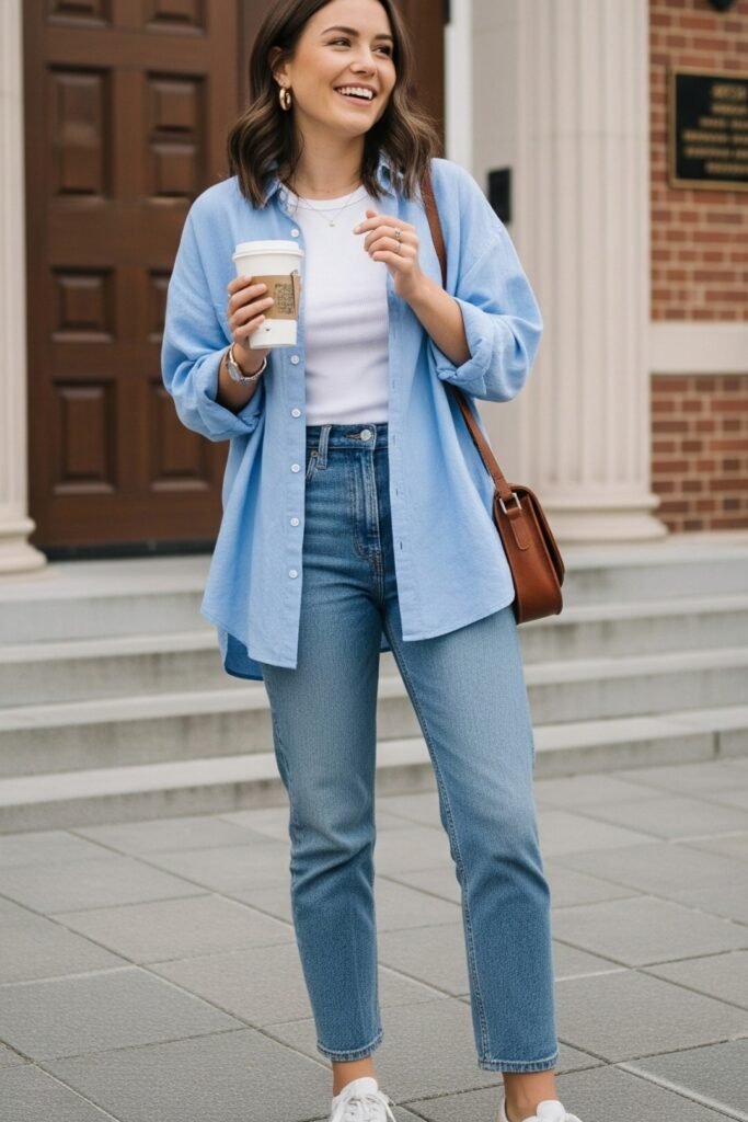 Blue Button-Down Over White Tee + Slim Blue Jeans + White Sneakers