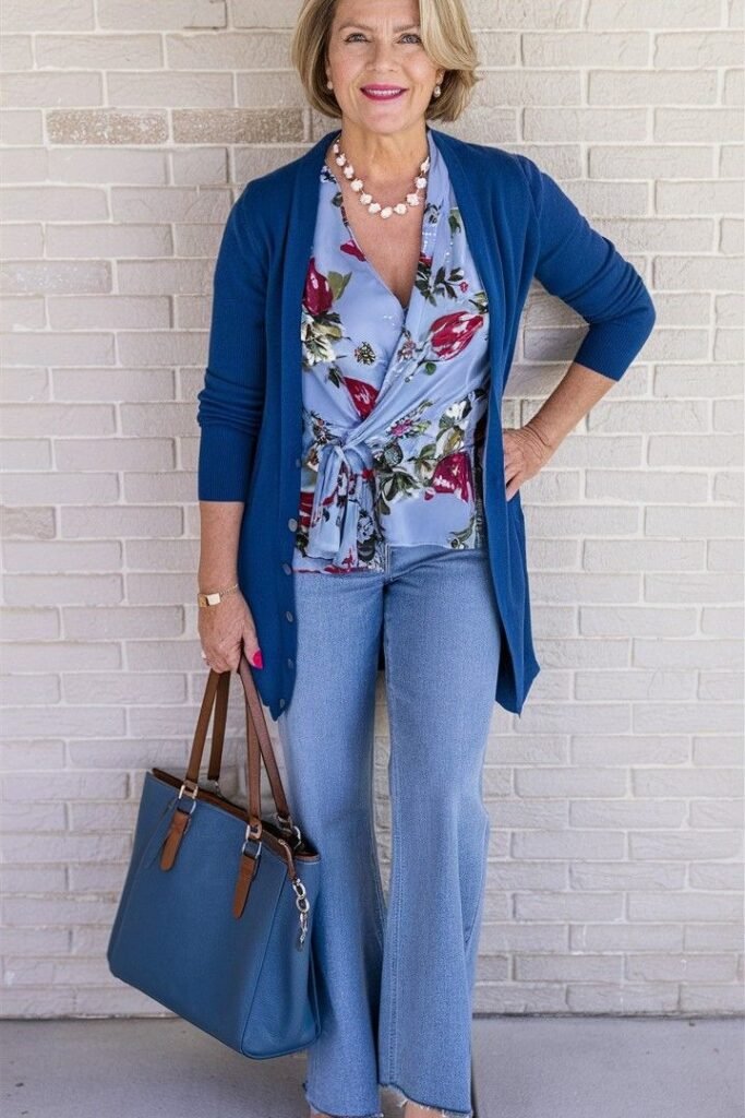 Blue Cardigan + Floral Print Tie Front Top + Light Blue Flared Jeans + Beige Heels