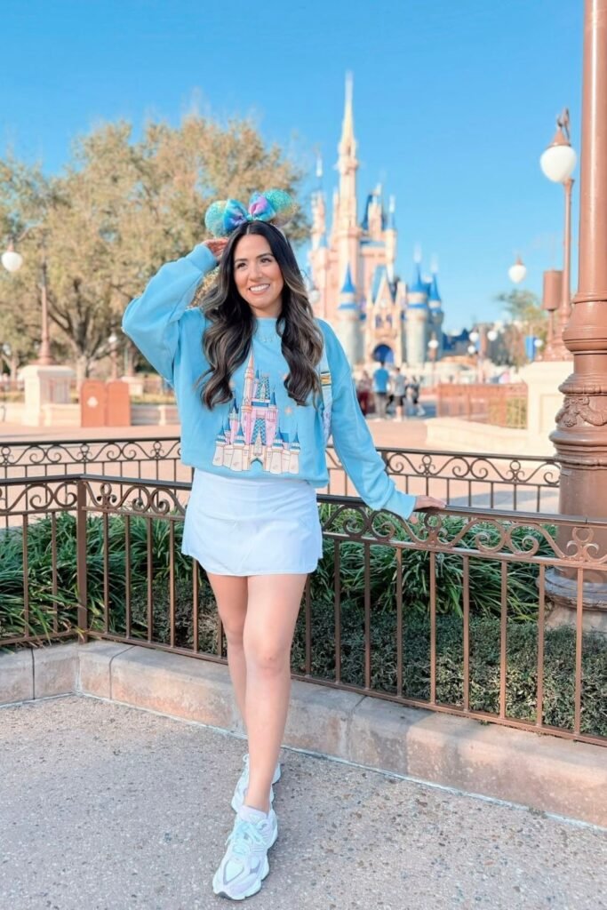 Blue Castle Sweatshirt + White Tennis Skirt + White Chunky Sneakers