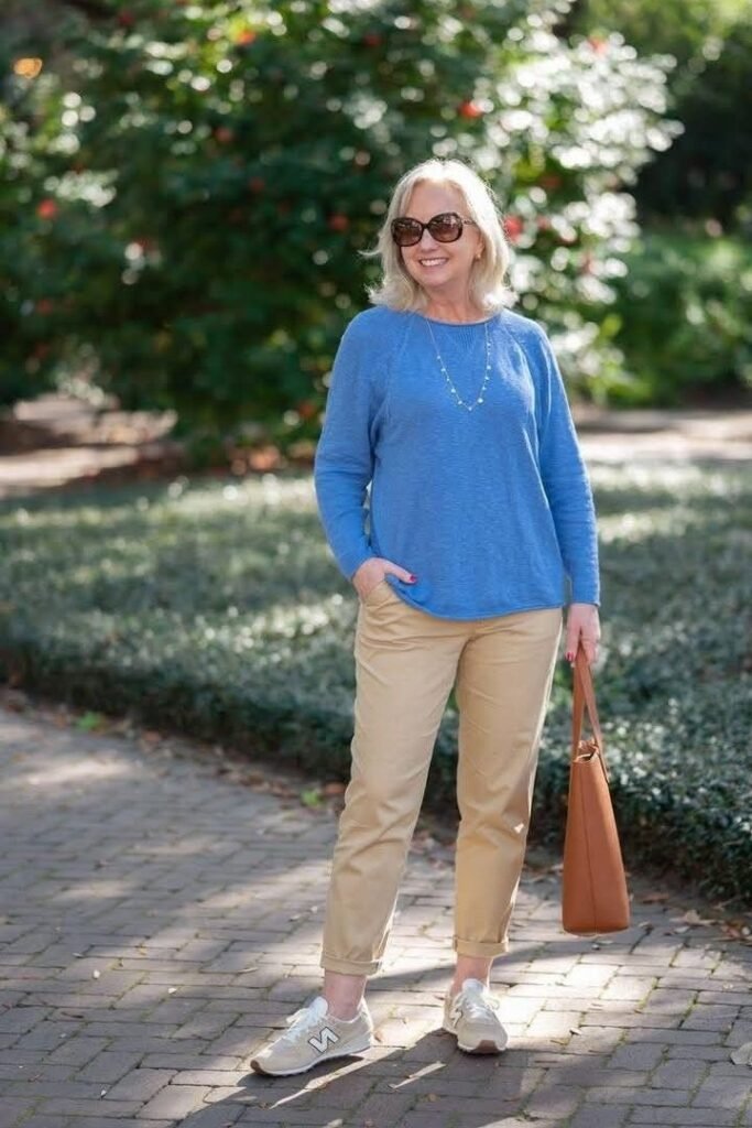 Blue Crewneck Sweater + Khaki Cuffed Chinos + Beige Sneakers