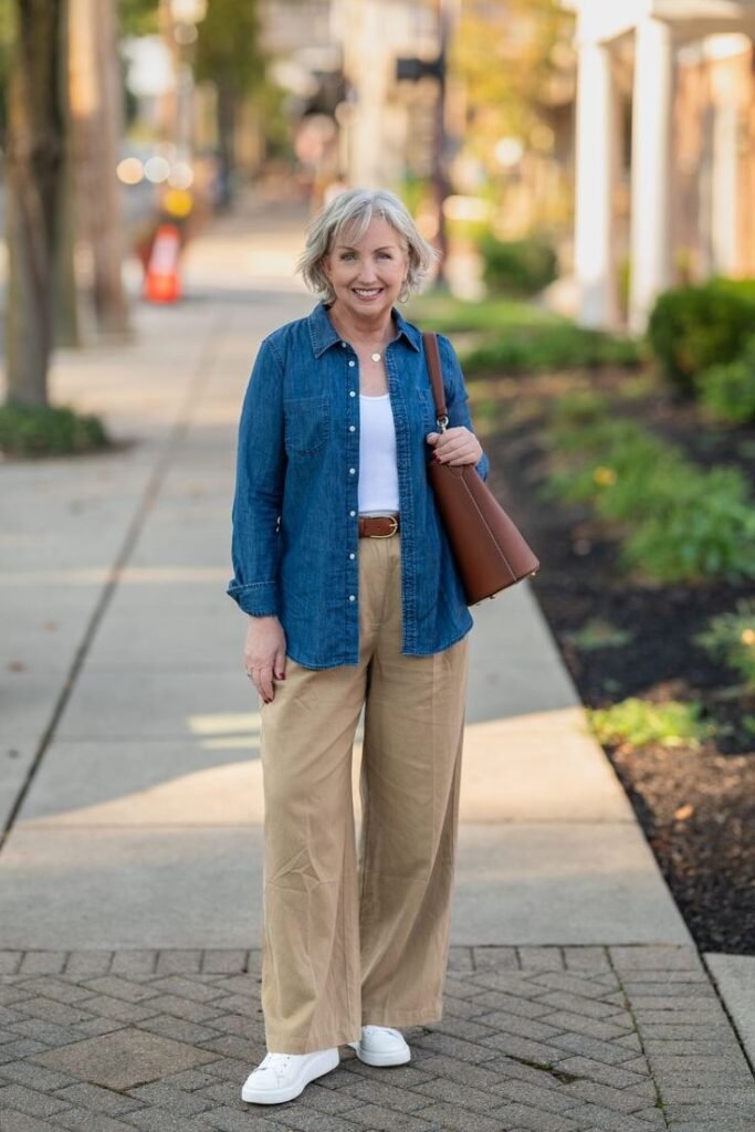 Blue Denim Button Down Shirt + White Tank Top + Tan Wide Leg Pants + White Platform Sneakers
