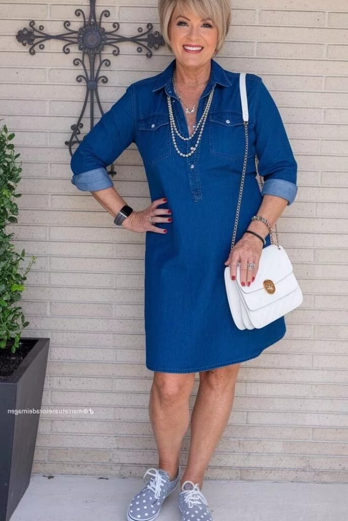 Blue Denim Shirt Dress + White Crossbody Bag + Grey Polka Dot Sneakers