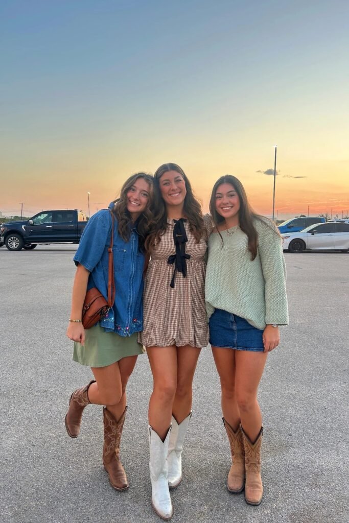 Blue Denim Shirt + Green Skirt + Brown Gingham Dress + Light Green Sweater + Denim Mini Skirt + Cowboy Boots