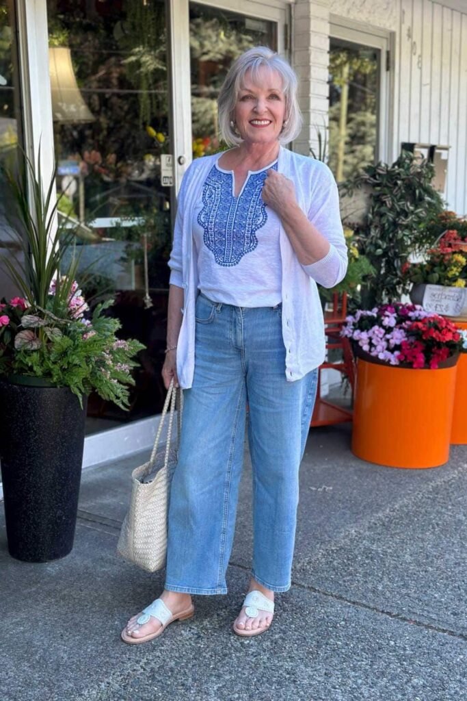 Blue Embroidered White Blouse + Open White Cardigan + Light Wash Wide Leg Jeans + White Thong Sandals