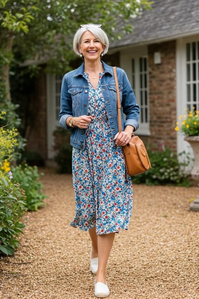 Blue Floral Midi Dress + Blue Denim Jacket + White Espadrille Slip Ons