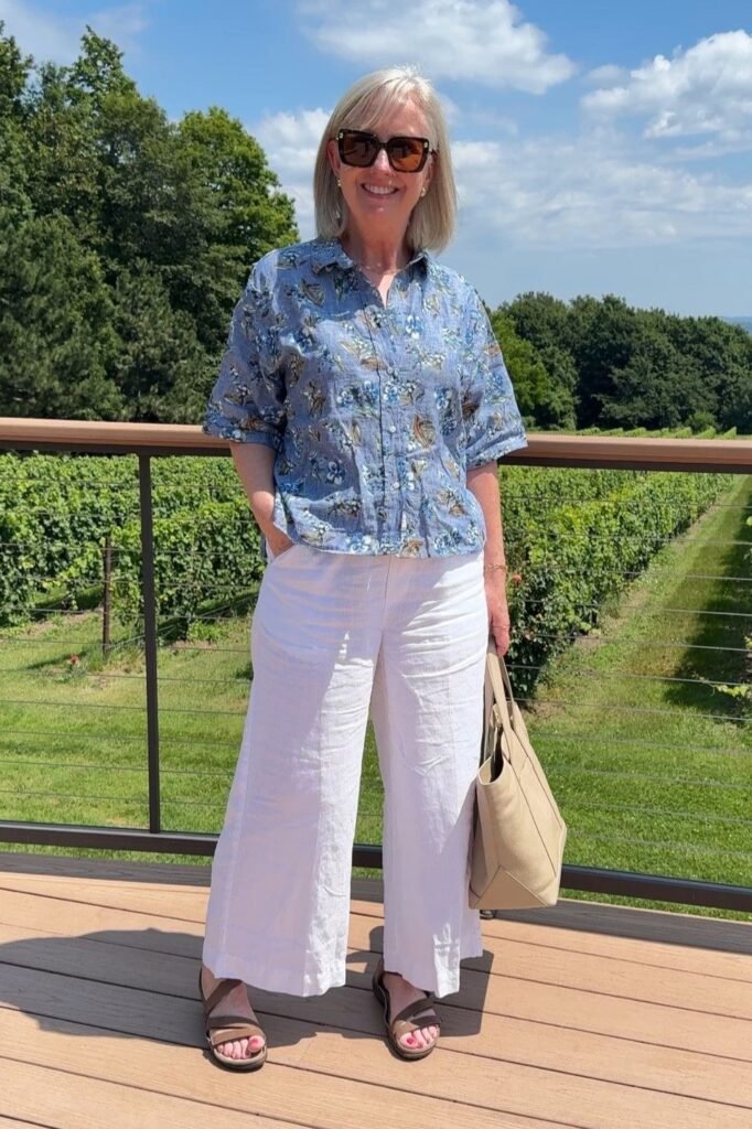 Blue Floral Short Sleeve Button Down + White Wide Leg Linen Pants + Brown Strappy Sandals