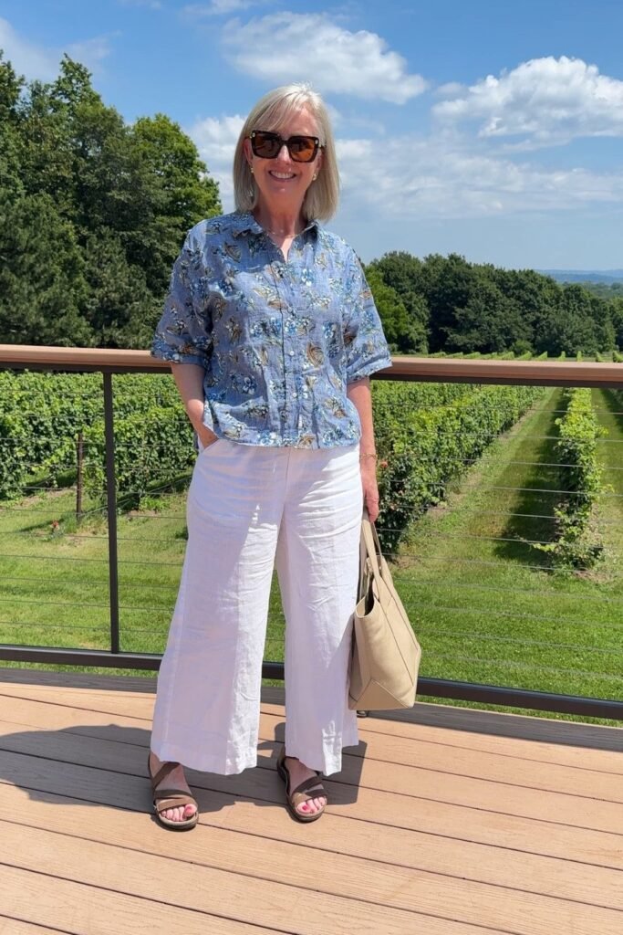 Blue Floral Short Sleeve Button Up Shirt + White Wide Leg Linen Pants + Brown Strappy Sandals