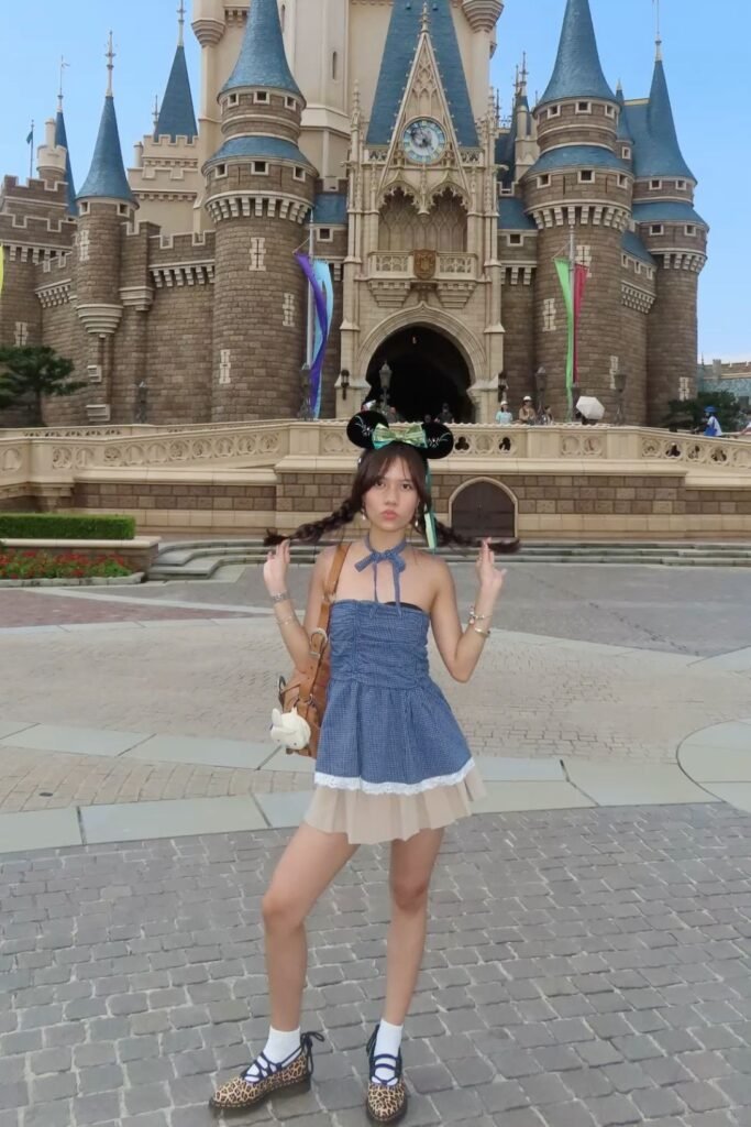 Blue Gingham Halter Mini Dress + Beige Tiered Ruffle Skirt + Black Disney Ears Headband + White Crew Socks + Leopard Print Strappy Shoes