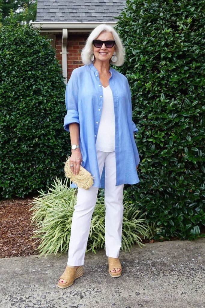 Blue Linen Button-Down + White Tank Top + White Trousers + Cork Wedges