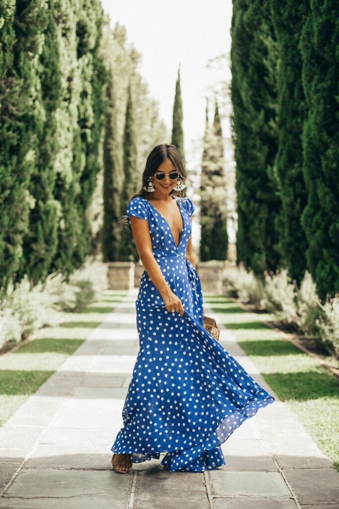 Blue Polka Dot Maxi Dress + White Tassel Earrings + Brown Sandals
