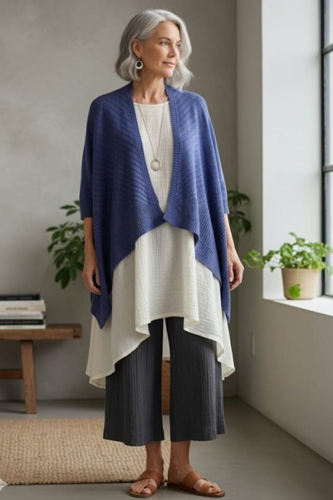 Blue Ribbed Wrap + White Asymmetrical Tunic + Grey Ribbed Culottes + Brown Leather Slides