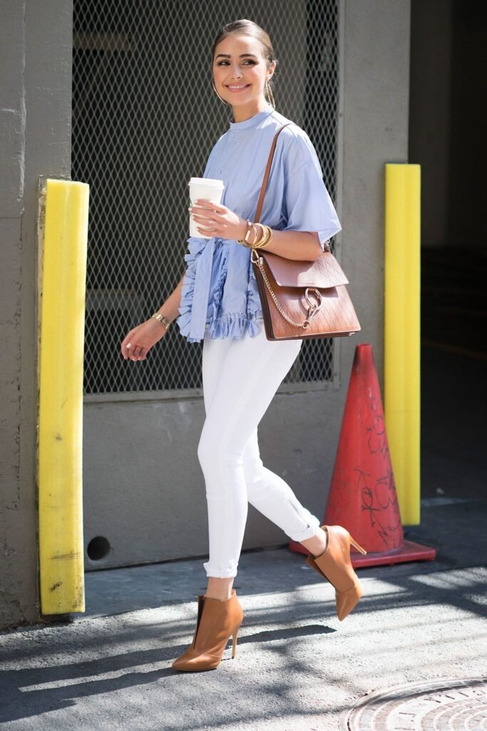 Blue Striped Blouse + White Slim Fit Jeans + Tan Ankle Boots