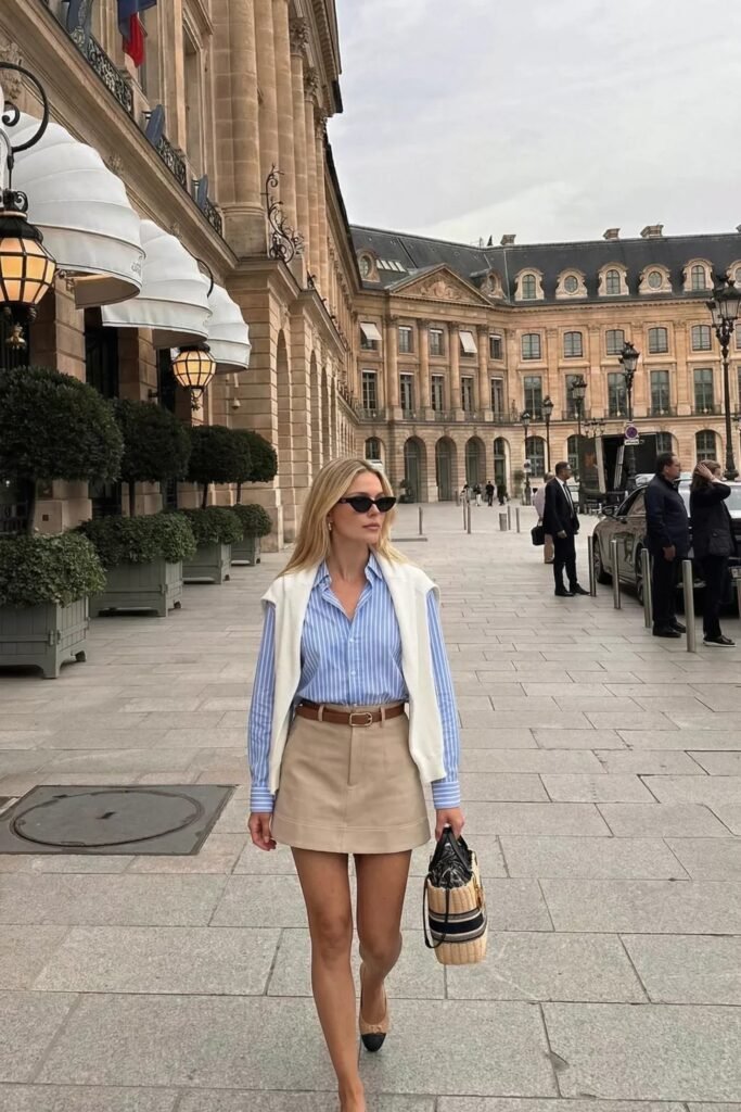 Blue Striped Button Down Shirt + Beige Mini Skirt + Two Tone Flats