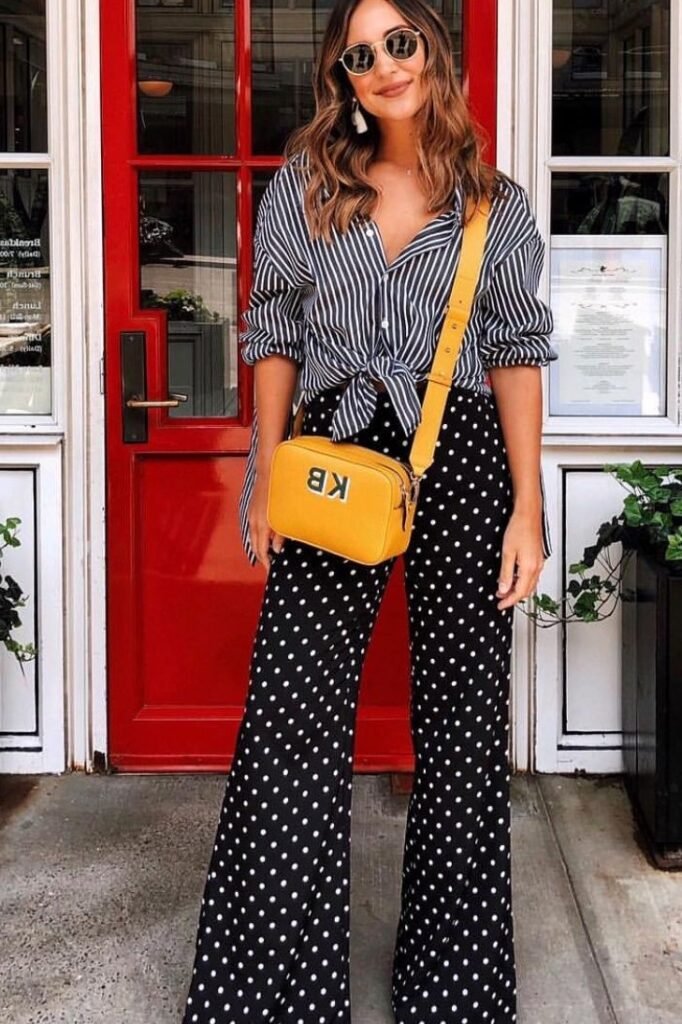 Blue & White Striped Button Down Shirt + Small Black & White Polka Dot Flare Pants + Yellow Crossbody Bag