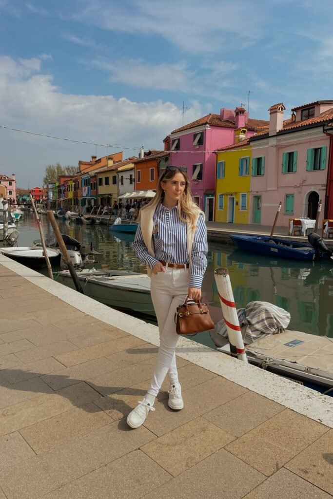Blue and White Striped Button Down Shirt + White Skinny Jeans + White Sneakers