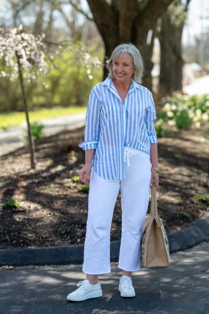 Blue and White Striped Button Down Shirt + White Wide Leg Crop Pants + Jute Tote Bag + White Sneakers