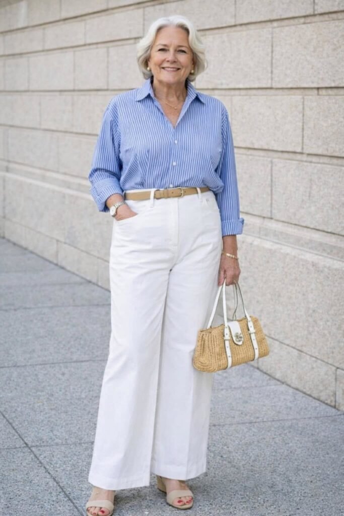 Blue and White Striped Button Down Shirt + White Wide Leg Trousers + Tan Belt + Beige Wedge Sandals