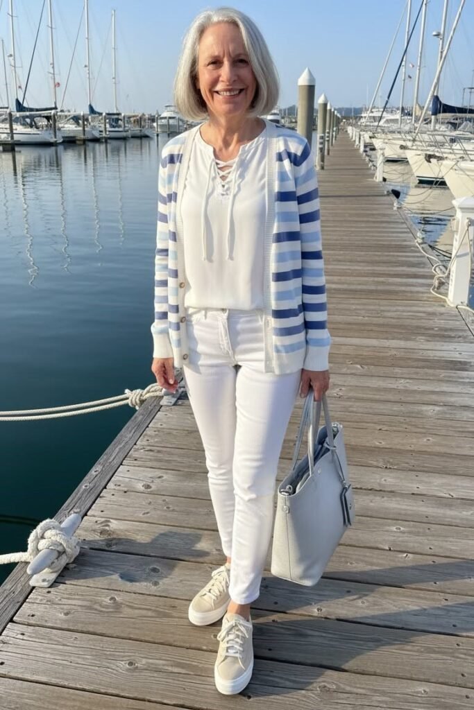 Blue and White Striped Cardigan + White Lace Up Blouse + White Skinny Jeans + Beige Platform Sneakers