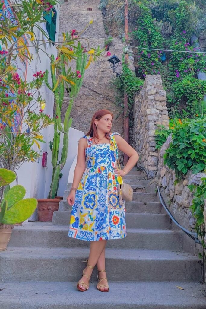 Blue and Yellow Majolica Print Tie Strap Dress + Metallic Gold Strappy Sandals