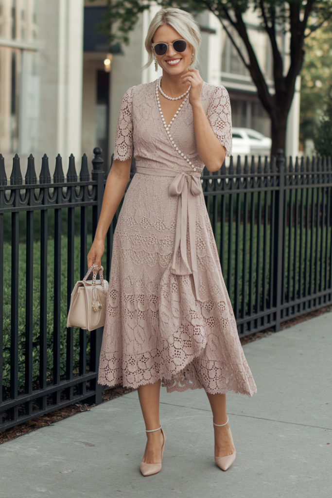 Blush Pink Lace Wrap Dress + Nude Heels + Beige Handbag