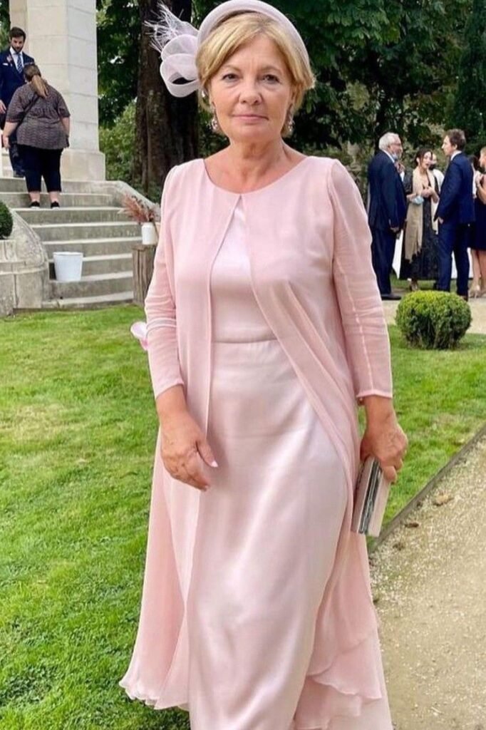 Blush Pink Silk Maxi Dress with Matching Longline Sheer Duster + Silver Metallic Clutch