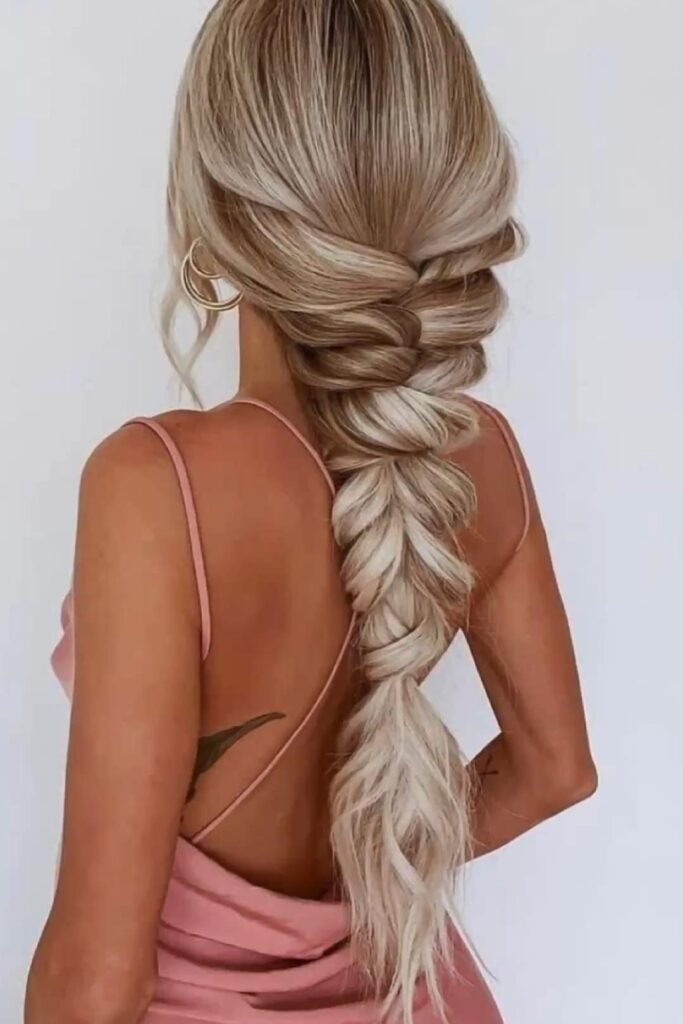 Bohemian Textured Fishtail Braid on Platinum Blonde Hair