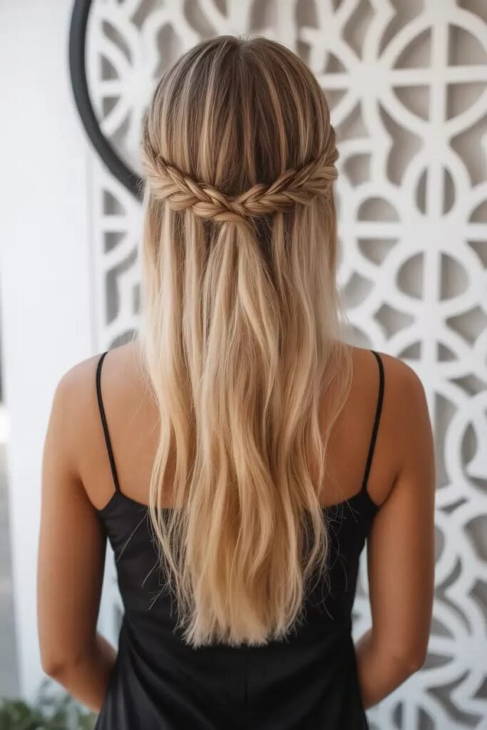 Boho Half-Up Double Braid with Long Straight Hair