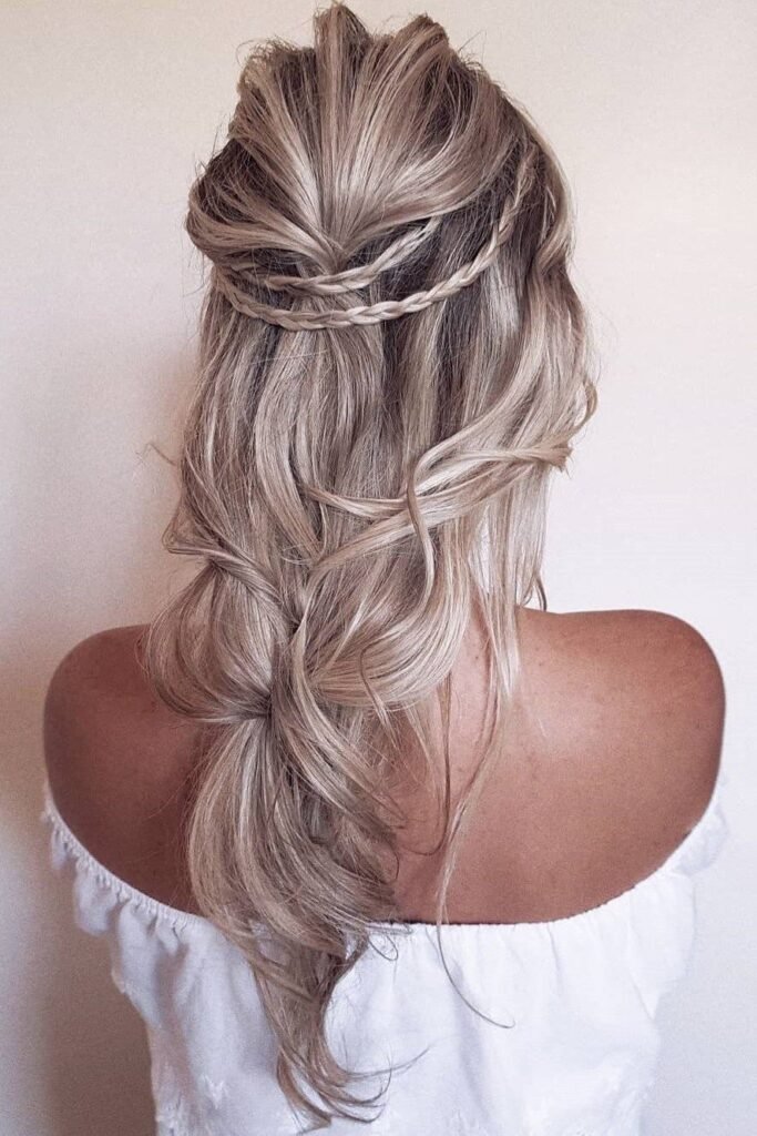 Boho Half-Up Double Dutch Braids on Long Ash Blonde Waves
