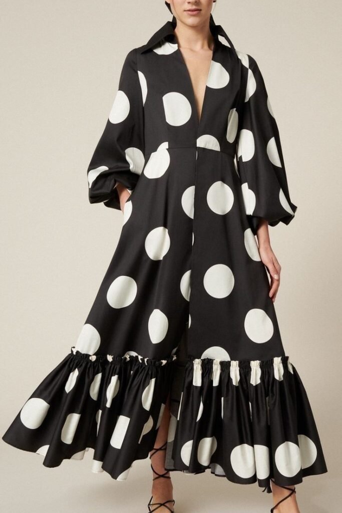 Bold Black and White Polka Dot V Neck Maxi Dress + Black Strappy Heels