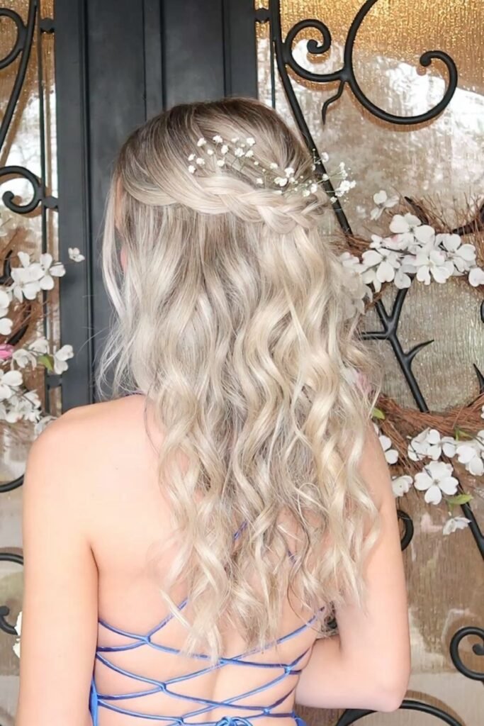 Braided Half-Up Halo with Delicate Baby's Breath Accents