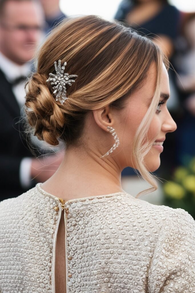 Braided Low Chignon with Crystal Starburst Hair Clip