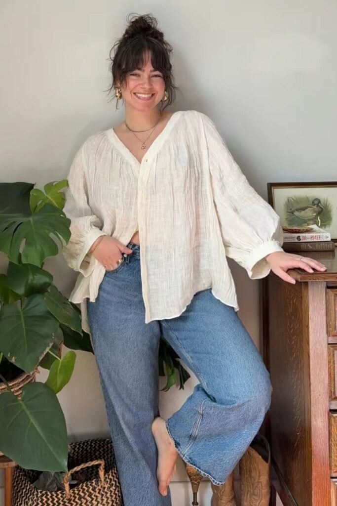 Breezy White Gauze Blouse + Light Wash Relaxed Jeans