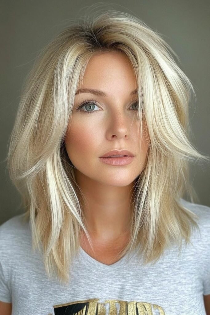 Bright Blonde Shag with Heavy Layers and Volume