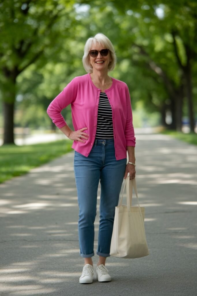 Bright Pink Cardigan + Black and White Striped Top + Medium Wash Rolled Jeans + White Sneakers