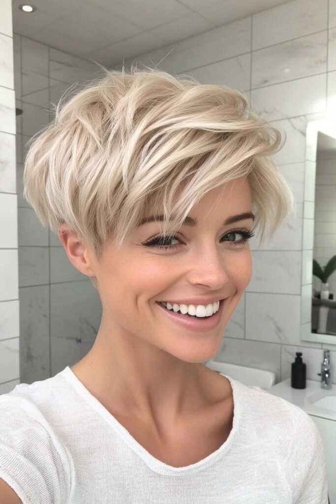 Bright Platinum Pixie Cut with Deep Side Part