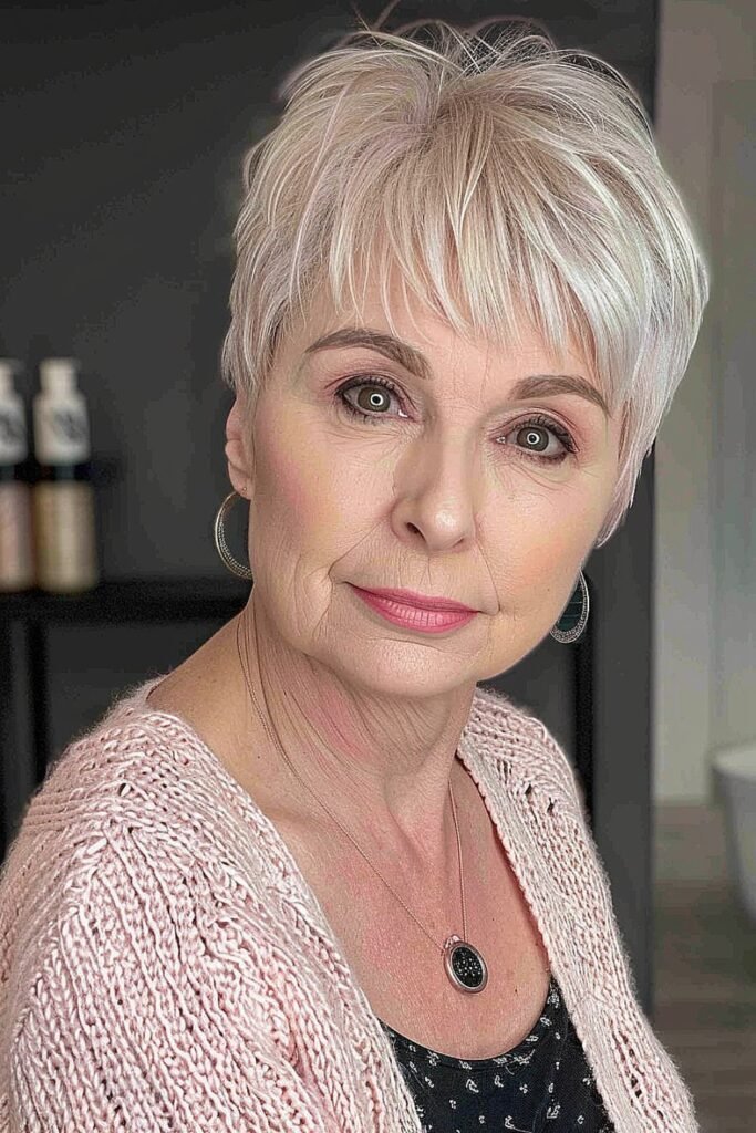 Bright Platinum Pixie with Choppy Layers and Bangs