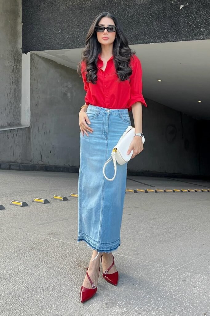 Bright Red Button Down Shirt + Light Wash Denim Maxi Skirt + Red Pointed Toe Heels + White Clutch