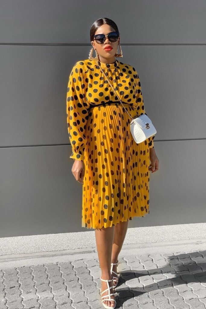 Bright Yellow Pleated Polka Dot Midi Dress + White Cage Heels + White Crossbody Bag