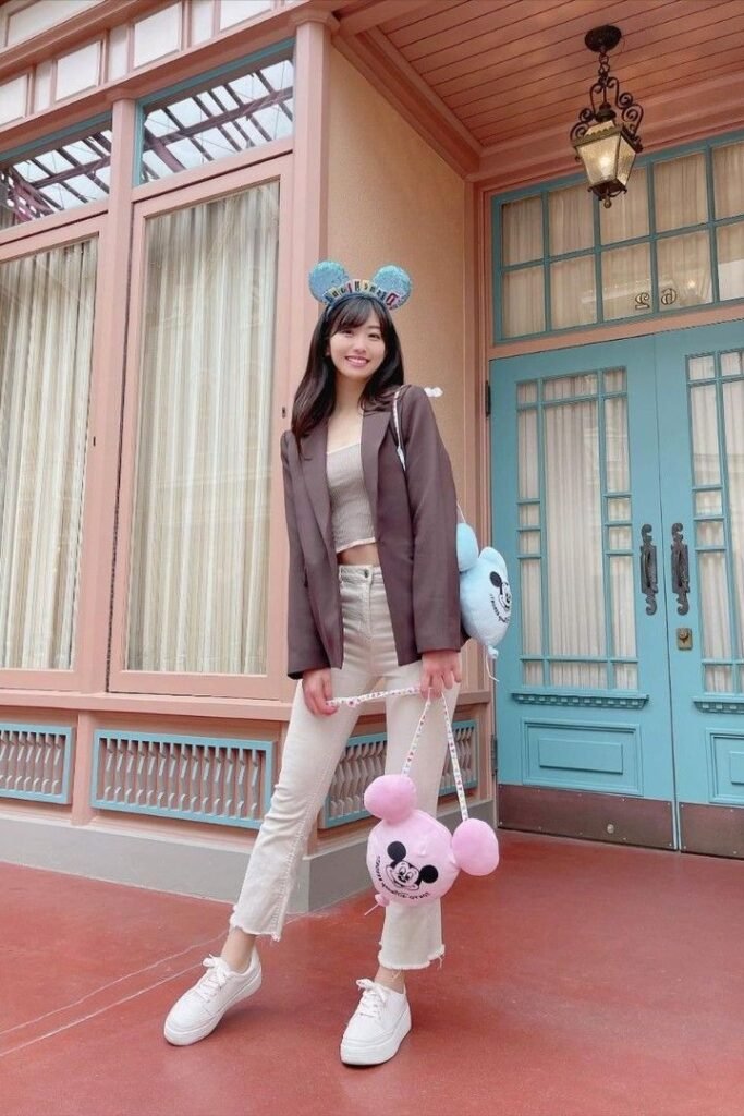 Brown Blazer + Beige Ribbed Crop Top + Beige Raw Hem Straight Leg Jeans + Disney Ears Headband + White Platform Sneakers