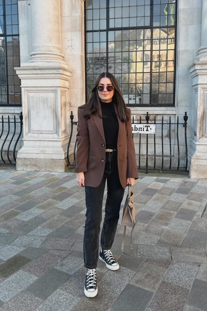 Brown Blazer + Black Turtleneck + Black Jeans + Black High Top Sneakers